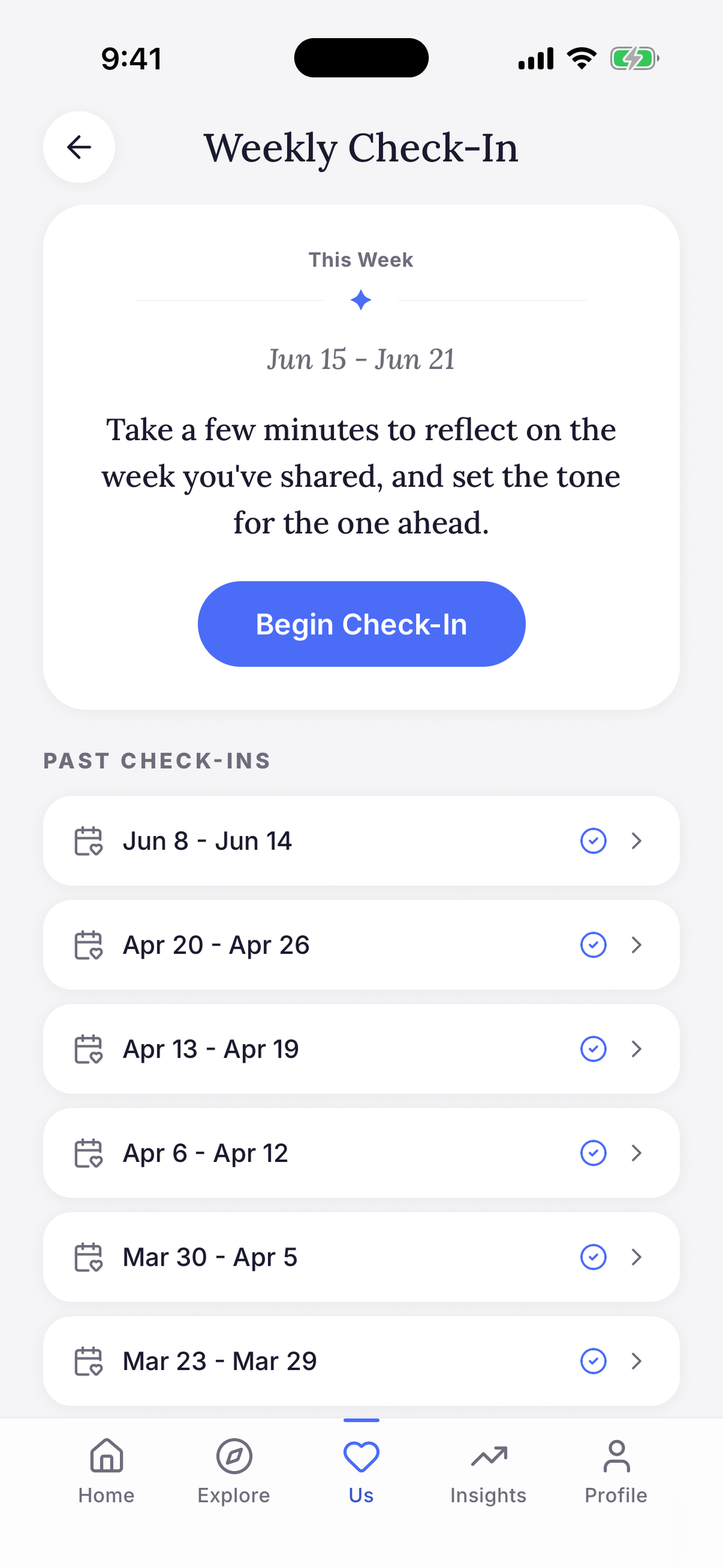 Connected weekly check-in screen for couples showing this week's check-in and completed past check-ins