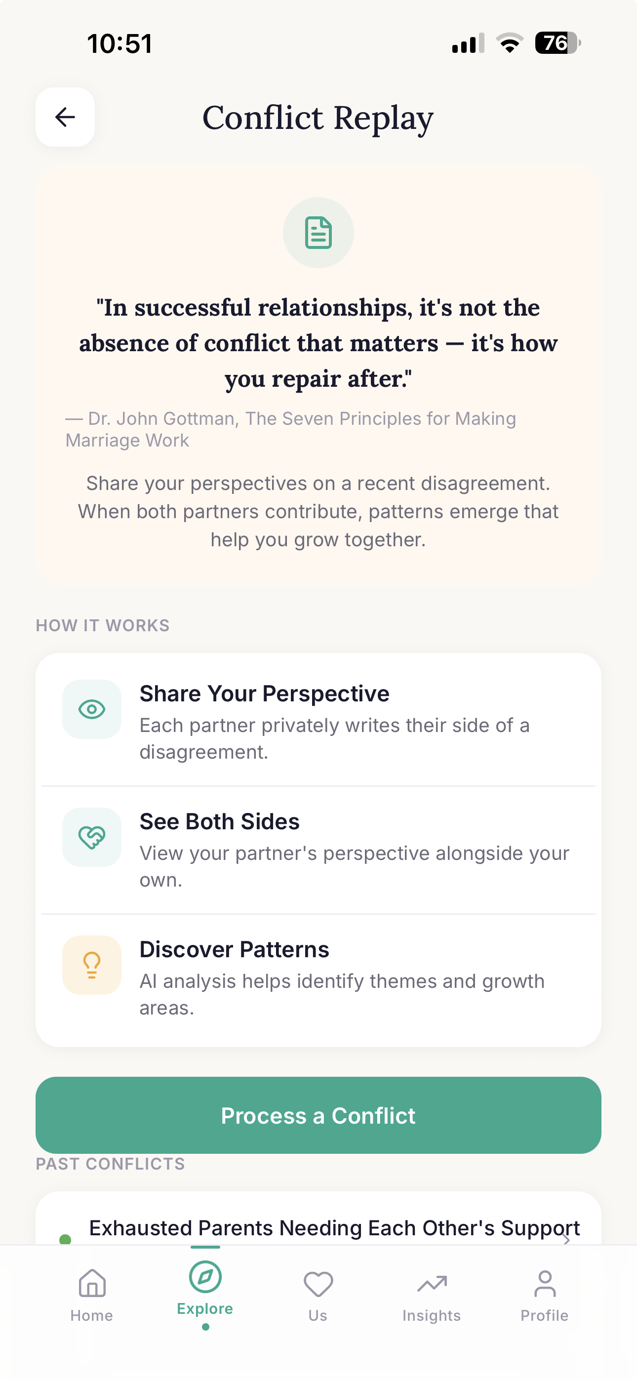 Connected couples app Conflict Replay screen with guided perspective-sharing and pattern insights