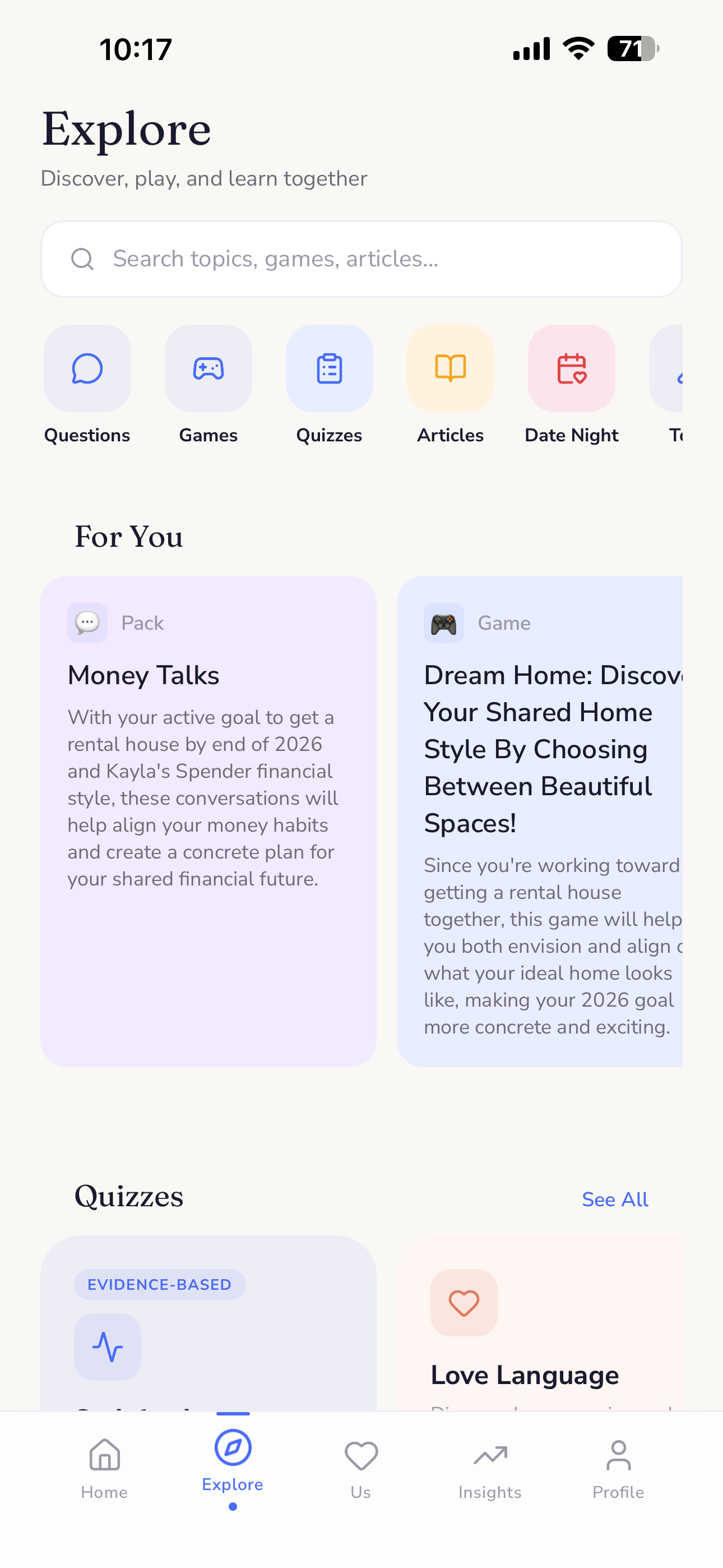 Connected app Explore tab with question packs, couple games, and assessments for couples