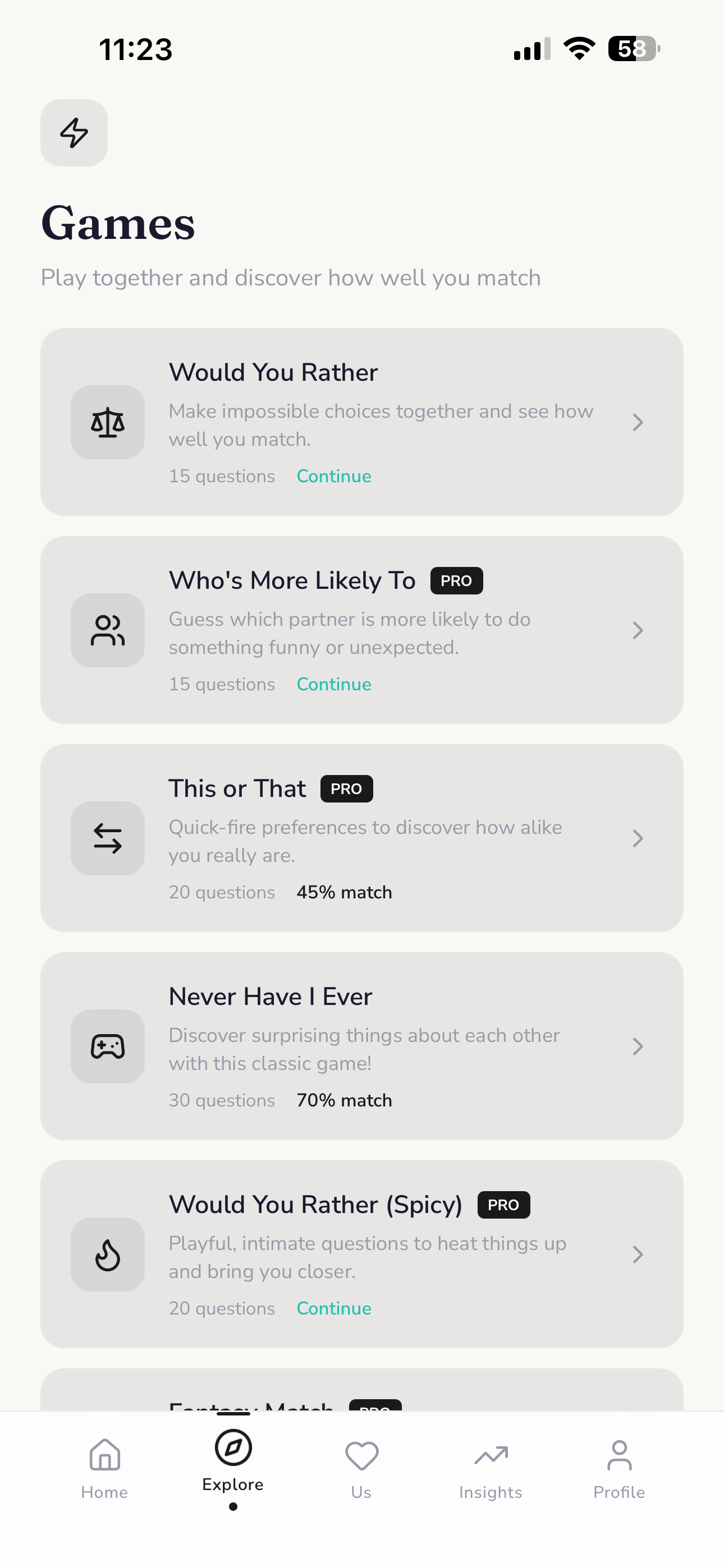 Connected couples app games and activities list including Would You Rather and date night ideas