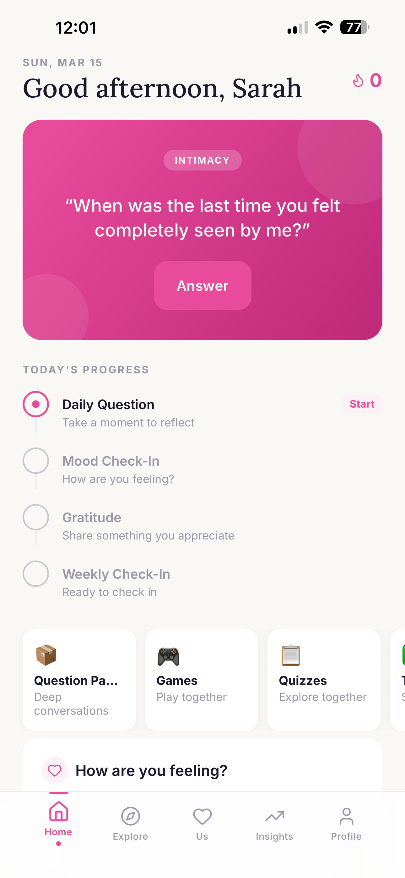 Daily question card on the Connected couples app home screen