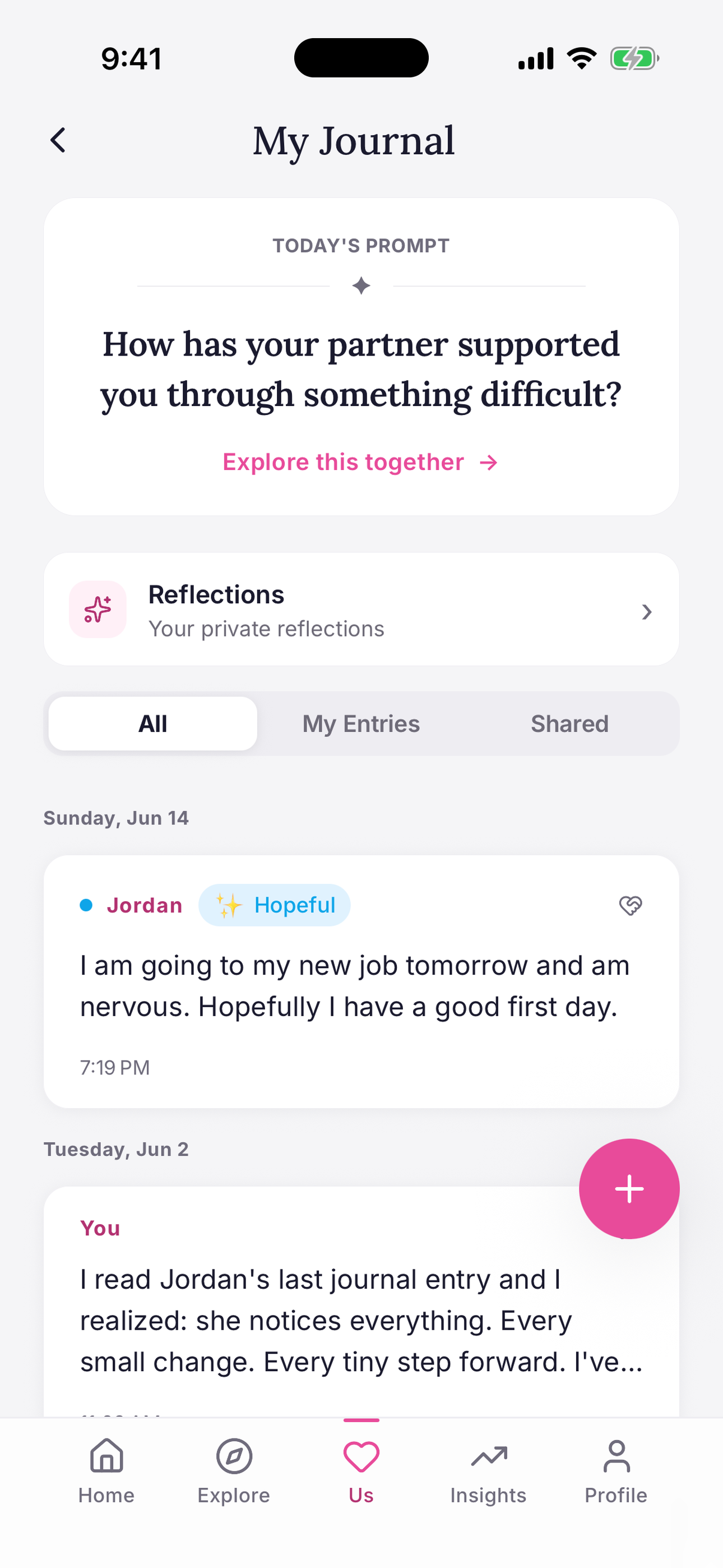 Connected couples app shared journal feed with both partners' reflections, mood tags, and a daily prompt
