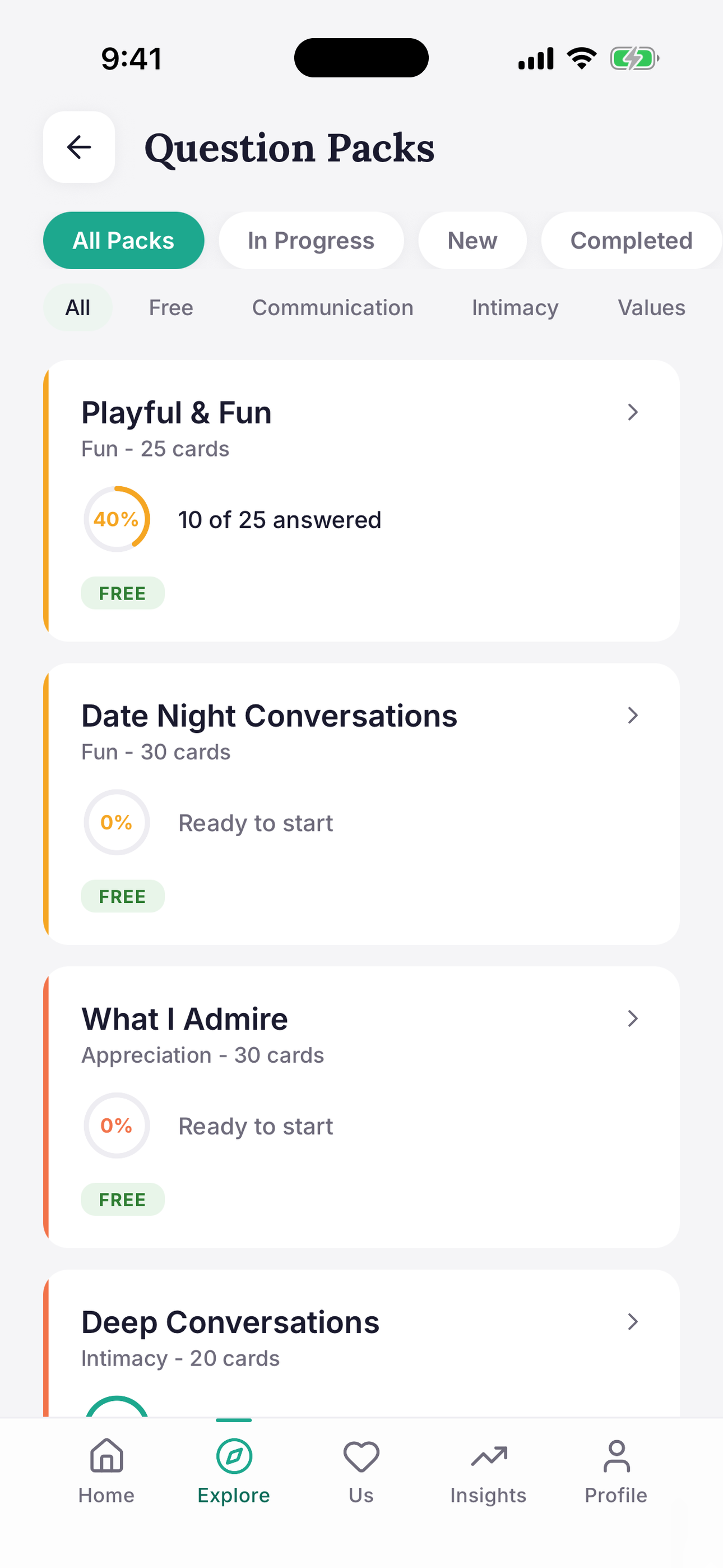 Connected couples app themed question packs with 700+ conversation starters across Playful, Date Night, and Deep Conversations packs