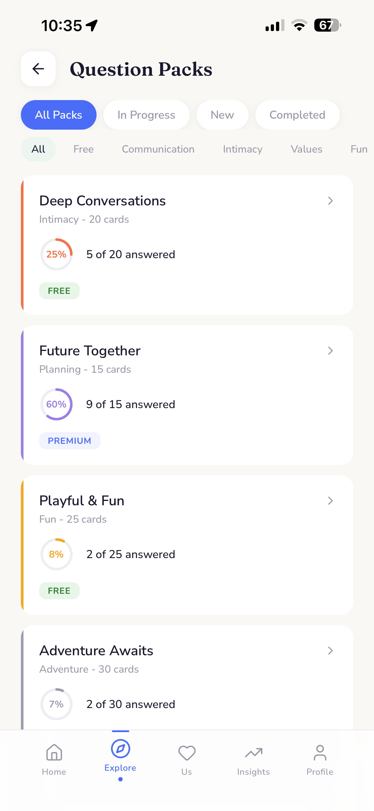 Connected couples app themed question packs and assessments including Love Language and Attachment